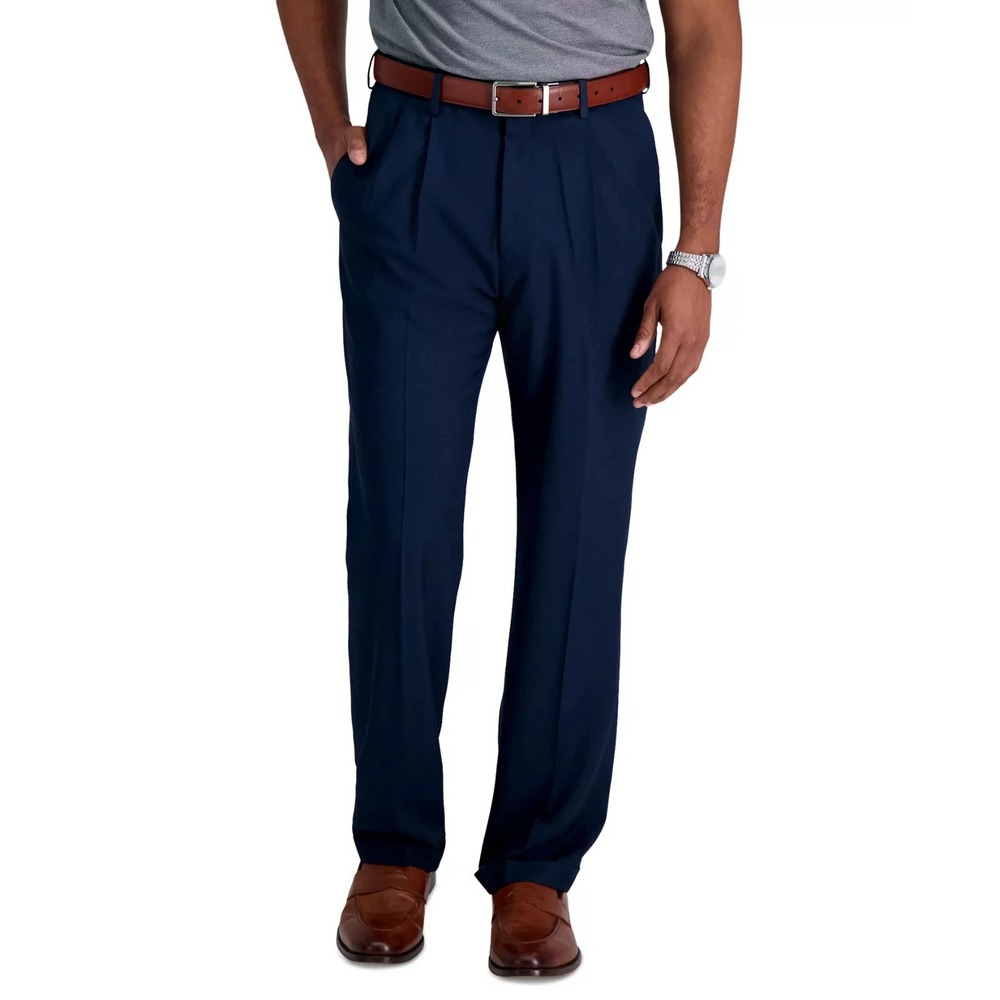 $70 Haggar No-Iron Khaki Stretch Classic-Fit Pleated Expandable Men 44 x 30 Blue